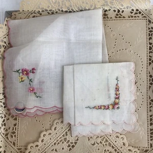 Vintage Mid Century Handkerchief Kauber Sheer Embroidered Switzerland Cotton Two - Picture 1 of 5