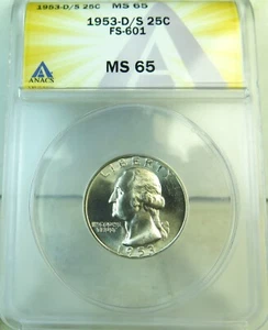1953 D/S Washington quarter ANACS MS65 *FS 601 D/S* BR - Picture 1 of 3