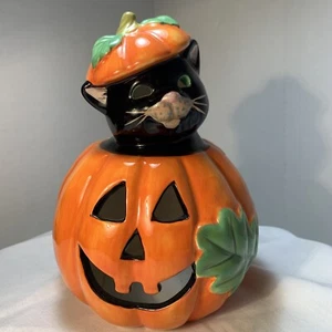 HALLOWEEN PUMPKIN ORANGE With BLACK CAT Popping Out Of Top FIGURINE Tea Light - Picture 1 of 9