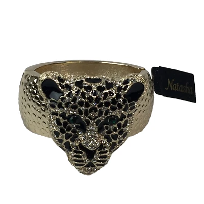 NATASHA 3D 水钻 LEOPARD 铰边手链袖口人造金色全新带标签 — 第 1/4 张图片