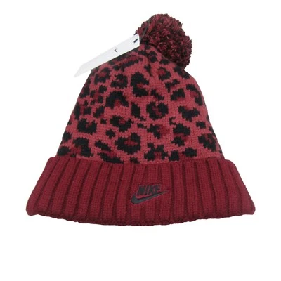 Nike Sportwear Burgundy Red Leopard Womens Pom Beanie One Size NEW DM8403-690 - Image 1 of 4