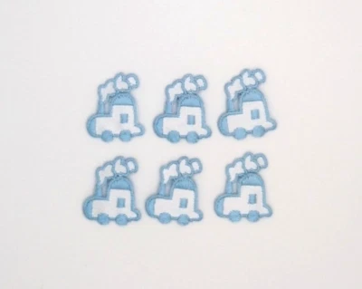 6 pack Tiny Train Blue & White cloth Iron on Patches w/embroidered trim/1" x .8" - Image 1 of 2