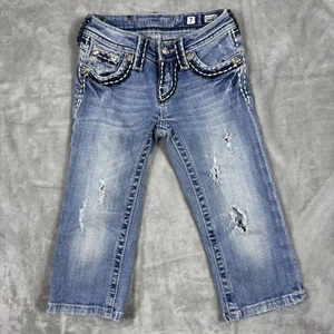 Miss Me Jeans Girls 7 Blue Distressed Capri Cuff JP K5014CC Bling Pockets Denim - Picture 1 of 11