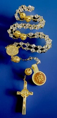 St Benedict Crystal Rosary, 24K Gold Plated Center & Crucifix + Tag, Mexico - Image 1 of 4