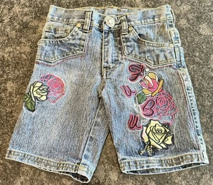 Fubu Jean Shorts Kids Size 4 Y2K Floral Embroidered Jorts Carpenter Rap Logo - Picture 1 of 8