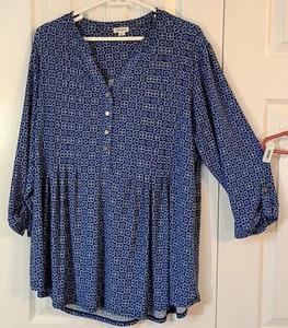 Blaues geometrisches Swint-Top für Damen - Stretch - 1/2 Knopfleiste - ÜBERGRÖSSE 2X - Westport - Bild 1 von 4