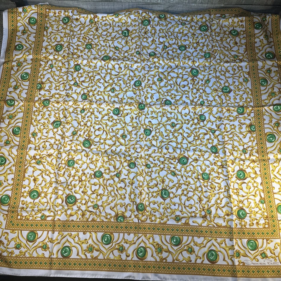 Vintage Oscar de la Renta Silk Scarf Abstract Geometric Green Gold 35” Square - Image 1 of 4