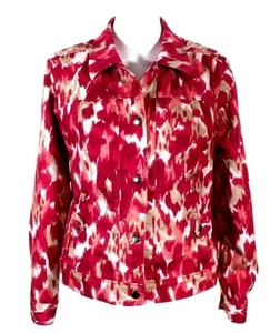 Christopher Banks Women Jacket Size M Stretch Denim Red Multi Snaps Camo - Picture 1 of 10