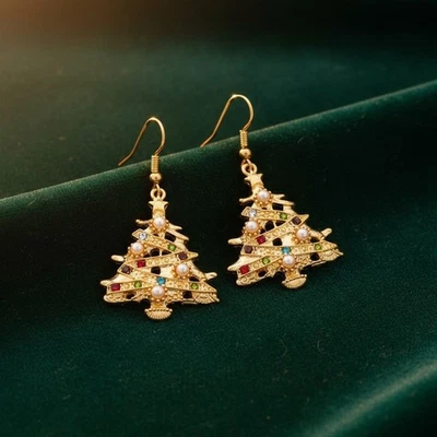 Christmas Tree Drop Earrings Gold Tone Rhinestone Pearl Holiday Party Jewelry - Image 1 of 4