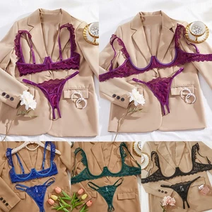 Women Open Cup Bra Sexy Cupless Exposed Breasts Bra G-string Lace Lingerie Set - - Imagen 1 de 31