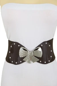 Women Dark Brown Color Wide Apparel Belt Silver Metal Bow Tie Ribbon Buckle S M - Picture 1 of 12
