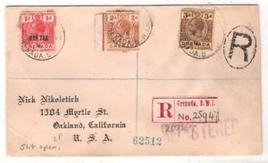 GRENADA WW1 Cover *WAR TAX* 1d KGV 2d 3d Registered 1916 Oakland CA USA MA2015 - Picture 1 of 10