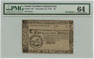 1776 December 23, $5 South Carolina Colonial Note FR#SC-139 PMG CU64 Choice - Image 1 of 2