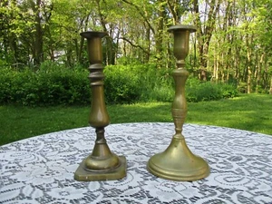 Vintage Mixed Pair of Solid Brass 9" Candlesticks ~ USA Harvin & Inbraco - Picture 1 of 7
