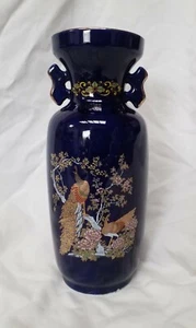 Handpainted Japanese Porcelain Vase Cobalt Blue W Gold Birds/ Floral Art Marked! - Picture 1 of 21