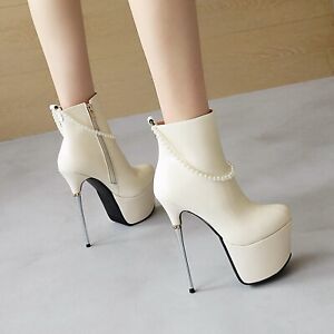 Womens Sexy High Heels Ankle Boots Round Toe Stiletto Platform Zip Shoe Clubwear
