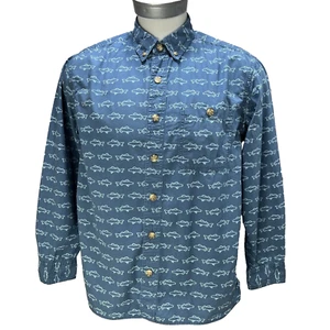 Duluth Trading Co Men's Sz M Blue Fish Print L/S Button Down Shirt Cotton    U10 - Picture 1 of 9
