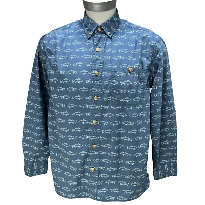 Duluth Trading Co Men's Sz M Blue Fish Print L/S Button Down Shirt Cotton    U10 - Image 1 of 4