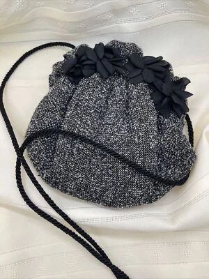 Grace Chuang NY Small Silk Purse Tweed Wool flower trim clam closure long strap - Image 1 of 4