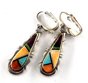 Navajo Artist Signed Sterling Silver Mosaic Inlay Dangle Earrings Native Vintage - Picture 1 of 9