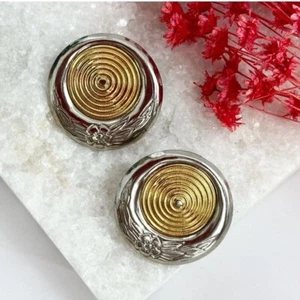 Vintage Dual Gold & Silver Toned 80's  Circular / Round Bullseye Stud Earrings - Picture 1 of 6