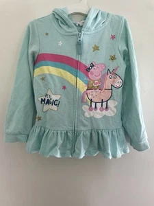 Peppa Pig Kids Girls Glitter Rainbow Unicorn Cotton Hooded Peplum Jacket Aqua 6 - Picture 1 of 9