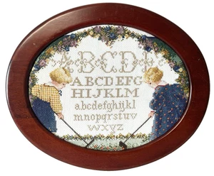 VTG ABC Cross Stitch Sampler Completed Oval Wood Frame Cottage 10x12 - Picture 1 of 7