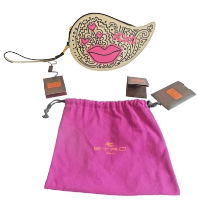 Etro Wristlet Bag Purse Pouchette Small Bag White Black Pink Print NWT - Image 1 of 4
