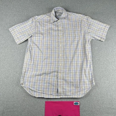 Camisa Ingram 16.5 Azul Beige Cuadros Informal Preppy Abotonada Manga Corta Para Hombre Foto 1 de 4