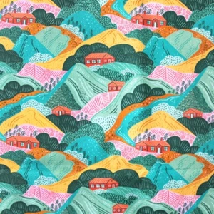 100% Cotton Fabric Little Johnny Countryside Hill Mountain Tree House River - Picture 1 of 1