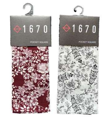 2-Pack, 1670 Pocket Squares Black with White Paisley & Red & White Floral Cotton - Image 1 of 4