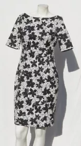 Calvin Klein US S 6 schwarz weiß Blumenmuster Jacquard Stretch Retro Mantel Kleid EUC - Bild 1 von 6