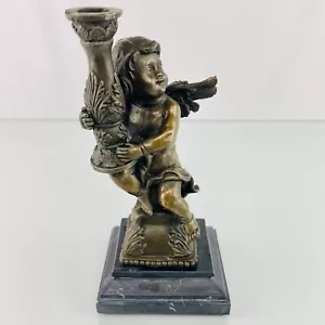 Scultura portacandele angelo cherubino bronzo con base in marmo - altezza 10 - Foto 1 di 10