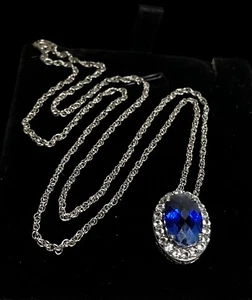Estate NC 925 STERLING “BLUE SAPPHIRE CZ HALO” PENDANT CHAIN NECKLACE-Gift Box - Picture 1 of 5