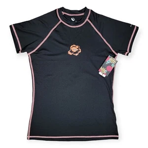 Burnside Rash Guard Black w Black Short Sleeve Floral Accent Girls Medium - Picture 1 of 7