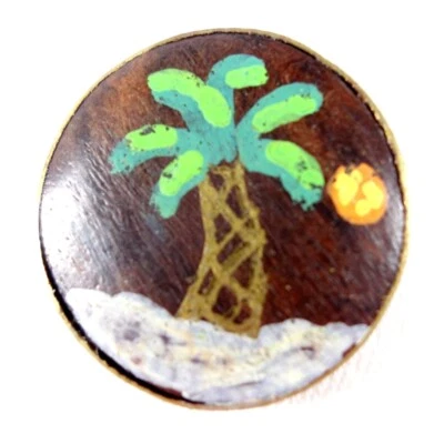 Vintage Hand Painted Palm Tree Wood Button in Metal 1" - Image 1 of 4