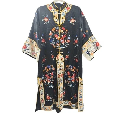 Винтажный китайский вышитый халат куртка средний черный шелк цветочный людей с подкладкой - Изображение 1 из 4