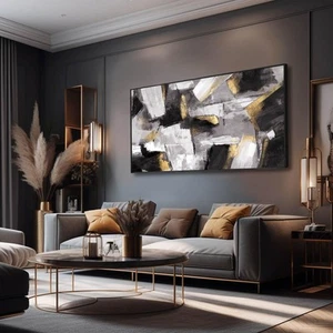 Black Wall Decor Abstract Framed Painting 24x48 Inch Modern Artwork Hand Pain... - Picture 1 of 7