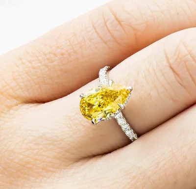 3.50Ct Pear Cut Lab Grown Fancy Vivid Yellow Diamond Hidden Halo Ring 14k Gold - Image 1 of 4