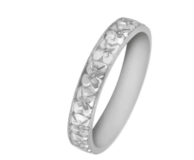 Anillo de boda clásico de 4 mm hecho a mano grabado en flor de azahar para hombre en platino 950 Foto 1 de 4