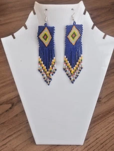 Tribal Earrings Native Large Boho American Seed Beads Handmade Earring - Picture 1 of 2