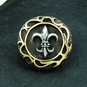 PORTAFOGLIO ORO OTTONE FLUER DE LIS ARGENTO STERLING 925 BIKER CONCHO SNAP BC-008 - Foto 1 di 3