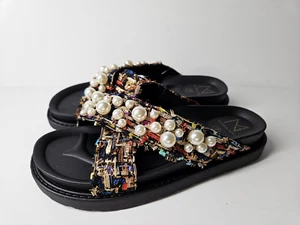 Material Girl Damen Slipper Perlen verziert Sandalen schwarz Größe wählbar 7 8 - Bild 1 von 7