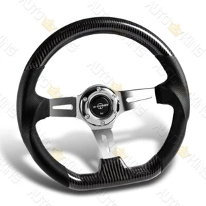 343MM 3" DEEP DISH REAL CARBON FIBER GRIP LEATHER SPOKES STEERING WHEEL W-POWER - Picture 1 of 5