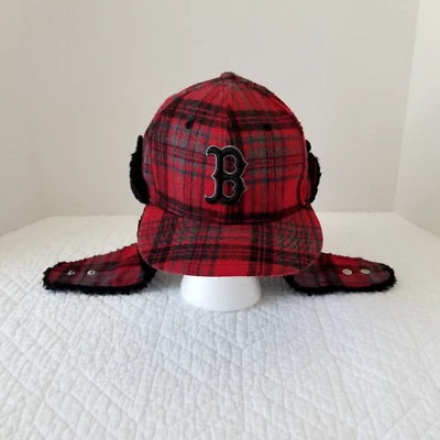 New Era Boston Red Sox Red Plaid Wool Sherpa Ear Flap 59Fifty Hat 7 1/4 NEW - Image 1 of 4