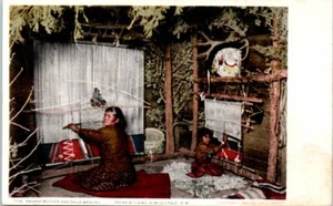 1900s NM Postcard Fred Harvey Navaho Mother Child Weaving Indian Bldg Navajo - Picture 1 of 2