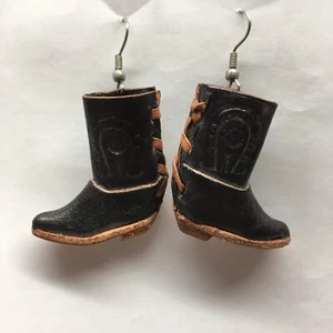 Miniature Leather Cowboy Boots Earrings Black Pierced - Picture 1 of 9