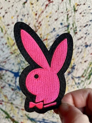 Bunny Rabbit Iron On Patch Hot Pink Black Embroidered Playboy - Image 1 of 2