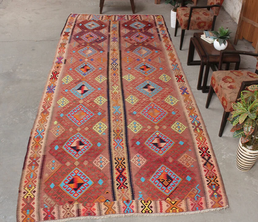 Alfombra alfombra vintage de lana hecha a mano geométrica Kilim tejido plano corredor 5x12 Foto 1 de 4