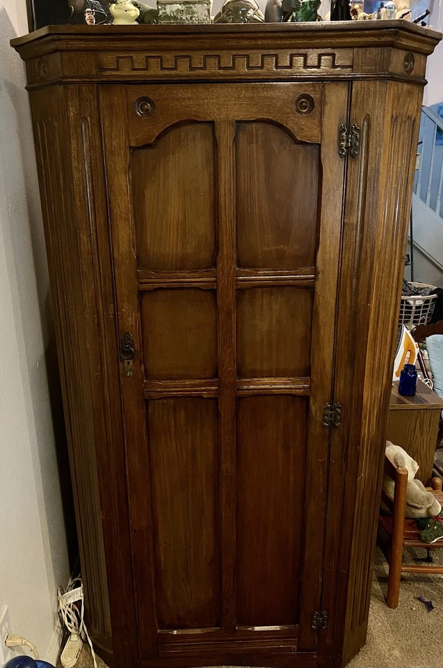 Antique Vtg Art Deco Single Door Wardrobe Closet w/Shelf & Small Vanity Mirror - Image 1 of 3
